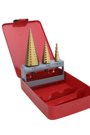 Juego de 3 Brocas Escalonadas HSS 4-12, 4-20, 4-32 mm (Para Plástico o Metal).