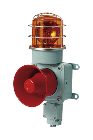Combinación de luz de advertencia giratoria color Ámbar con bocina eléctrica para aplicaciones de la industria a 24 VCD, máx. 120 dB
